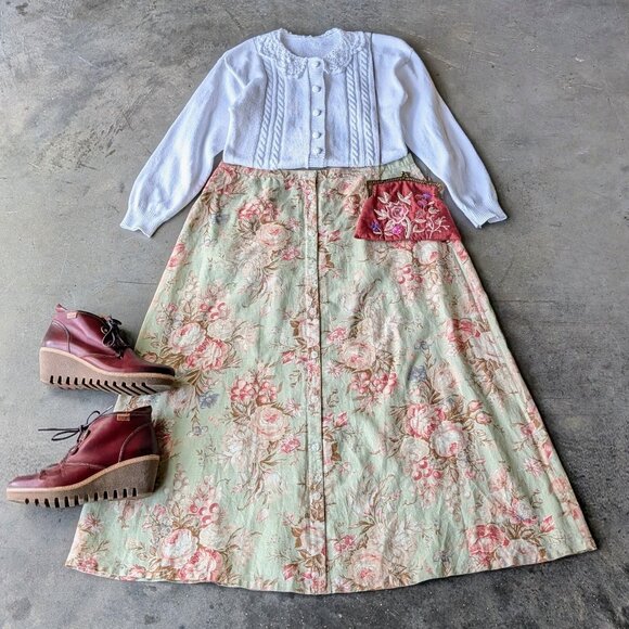 Vintage Chaps Green Pink Antique Floral Button Front Linen Midi Skirt size 12 - Picture 1 of 7